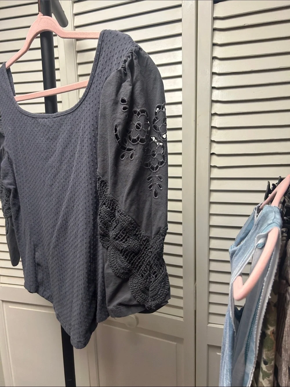 Free People Charcoal Gray Textured Scoop-Neck Blouse